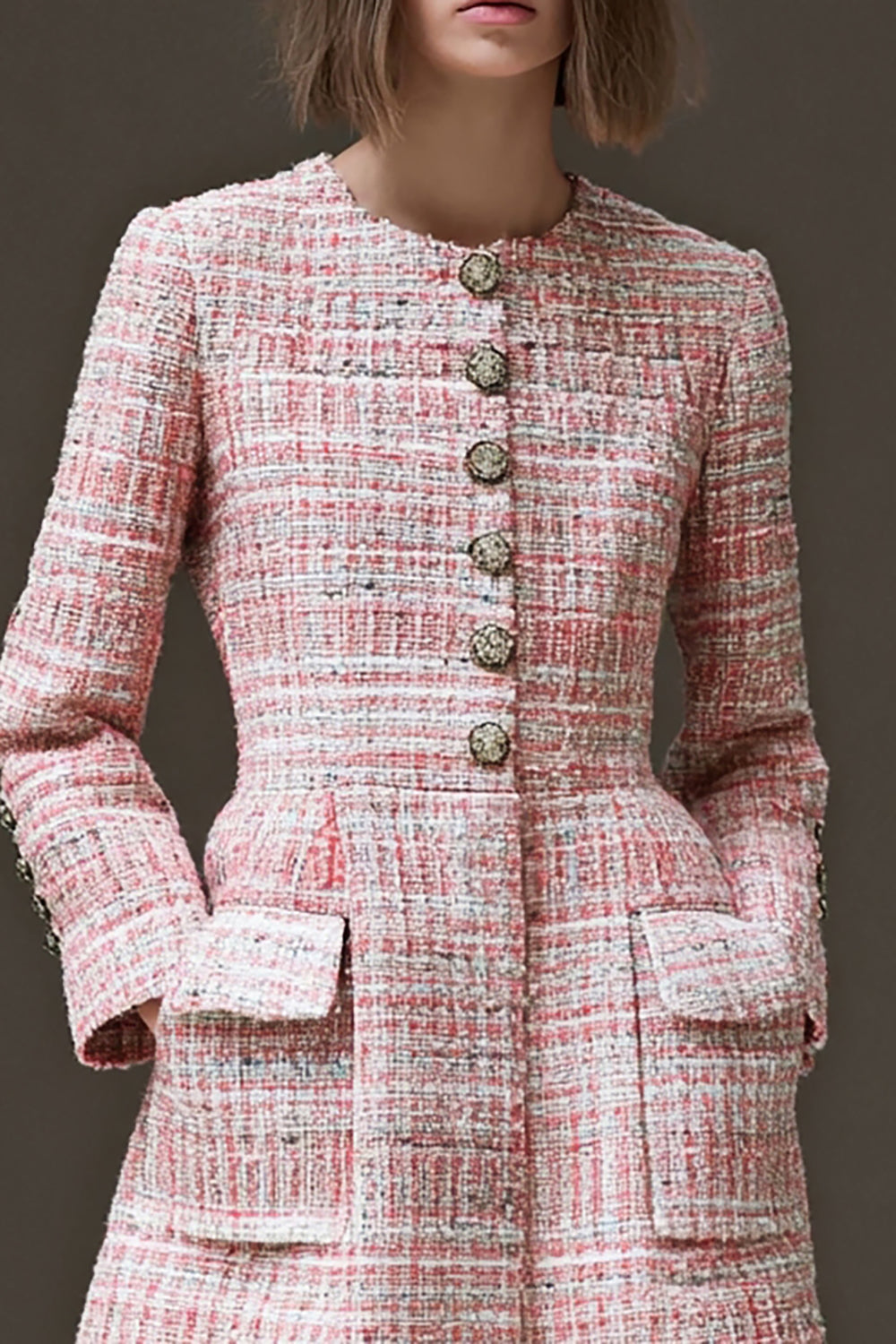 Pink Tweed A Line Work Dress with Long Sleeves