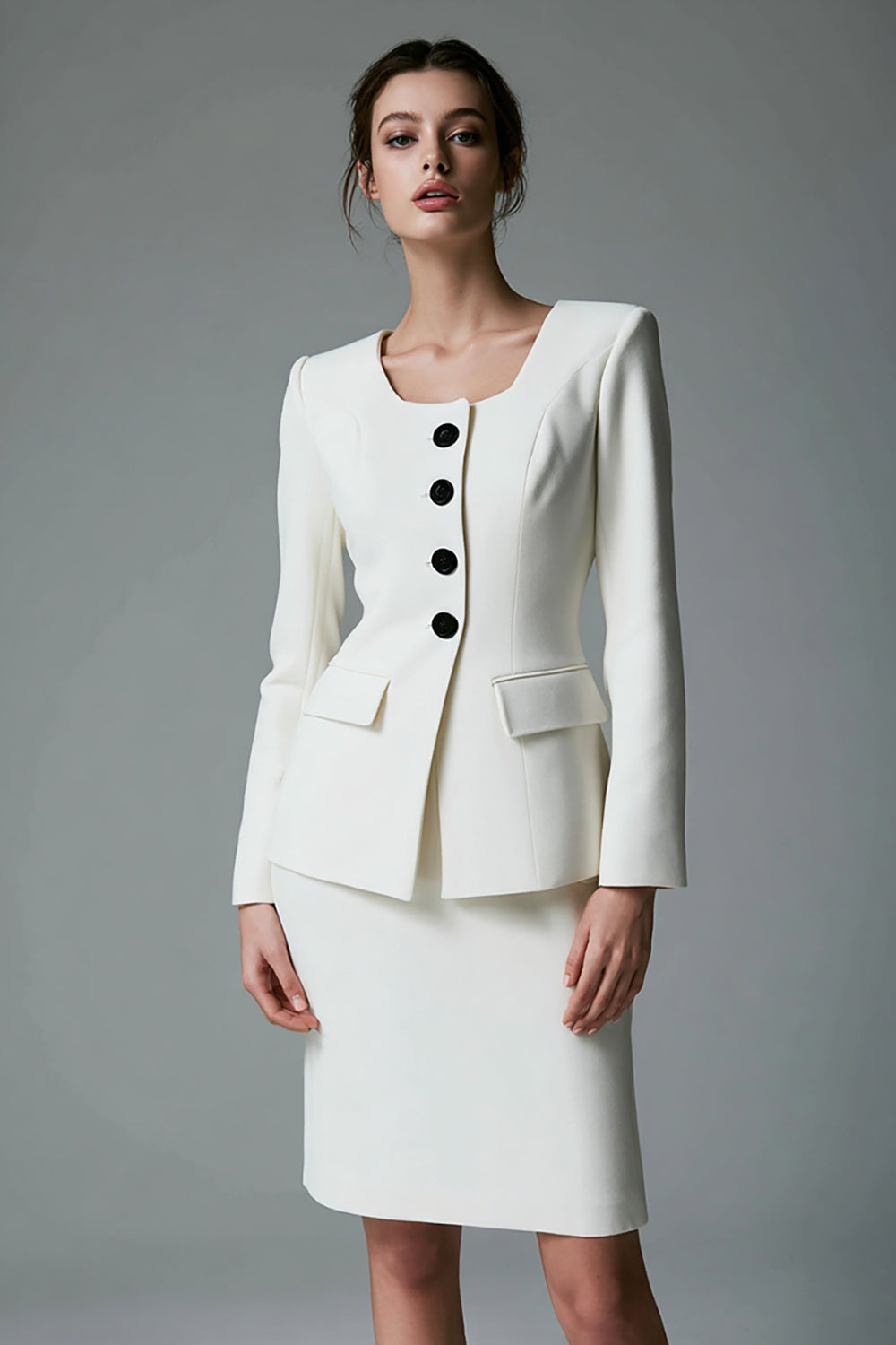 2 Piece Long Sleeve Bodycon Ivory Work Dress