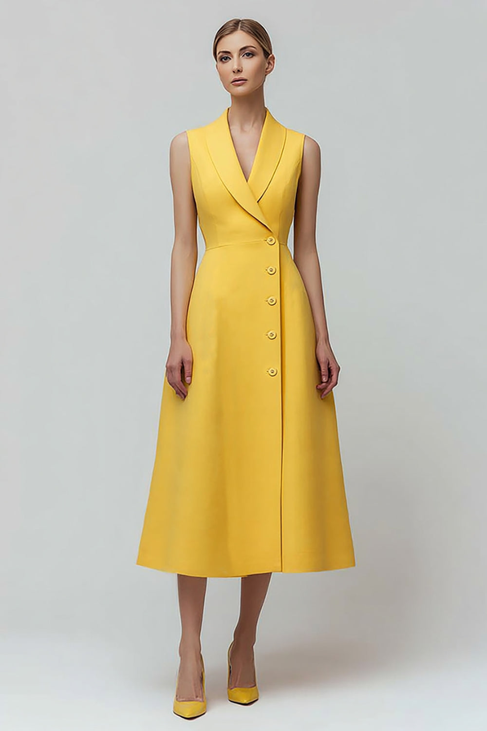 Yellow A Line V-Neck Midi Work Dress