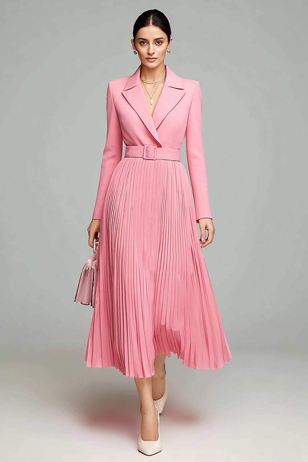 Pink A Line Long Sleeve Pleated Work Dress with Belt