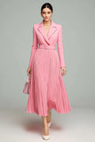 Pink A Line Long Sleeve Pleated Work Dress with Belt