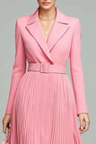 Pink A Line Long Sleeve Pleated Work Dress with Belt