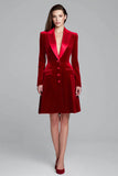 Velvet Burgundy Peak Lapel A Line Work Dress