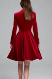 Velvet Burgundy Peak Lapel A Line Work Dress