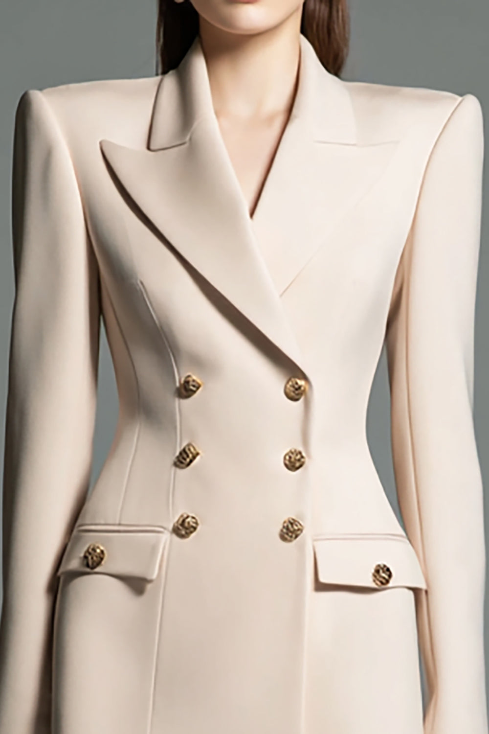 Champagne Long Sleeve Peak Lapel Work Dress