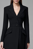 Black A Line Peak Lapel Midi Work Dress