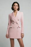 Peak Lapel Pink Double Breasted Long Sleeve Work Dress