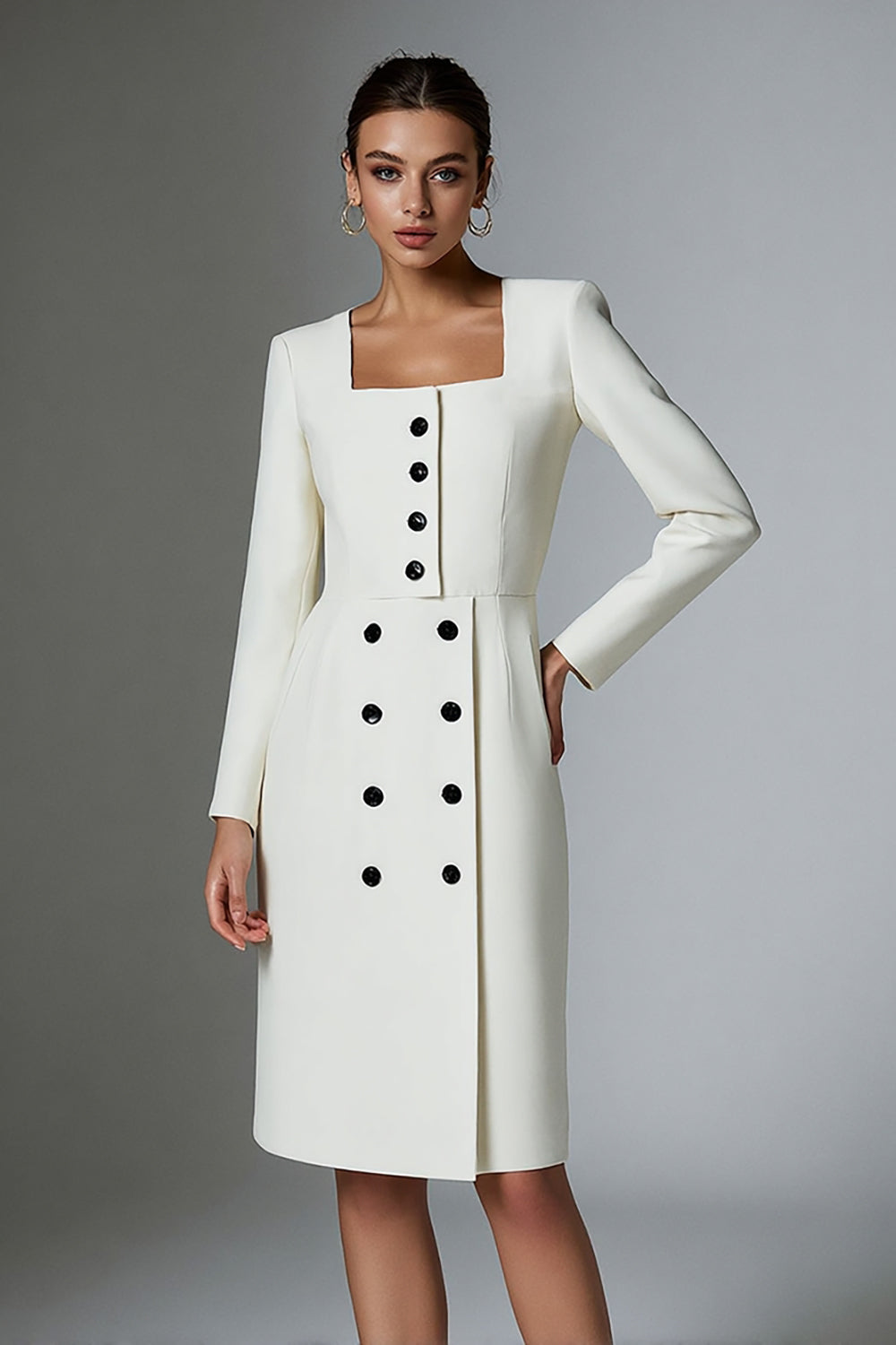 Sheath Ivory Long Sleeve Square Neck Work Dress