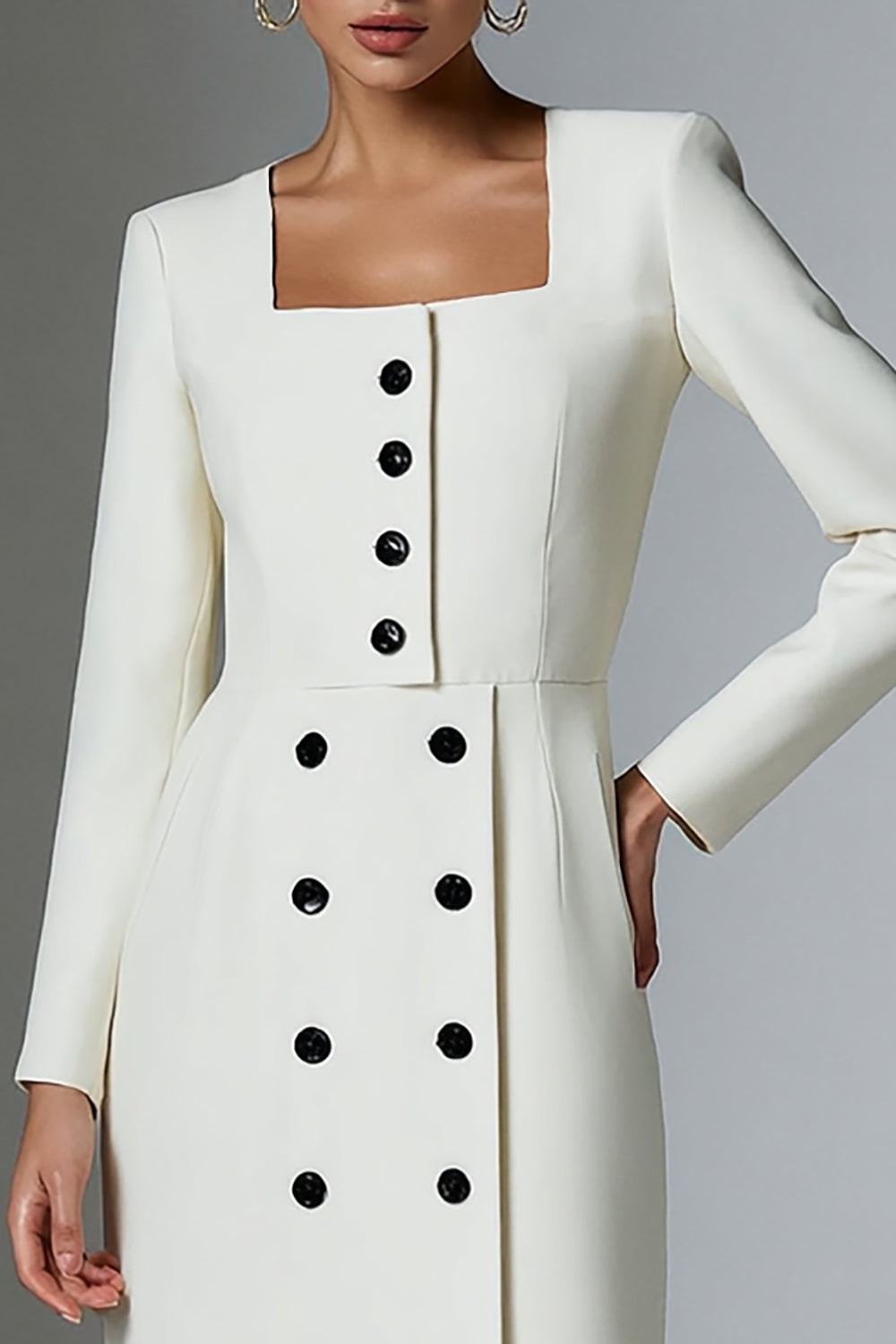 Sheath Ivory Long Sleeve Square Neck Work Dress