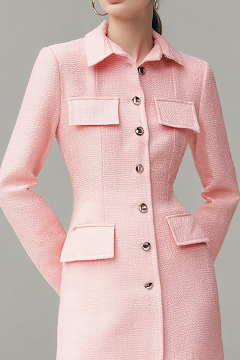 Pink Lapel Neck Long Sleeve Sheath Work Dress