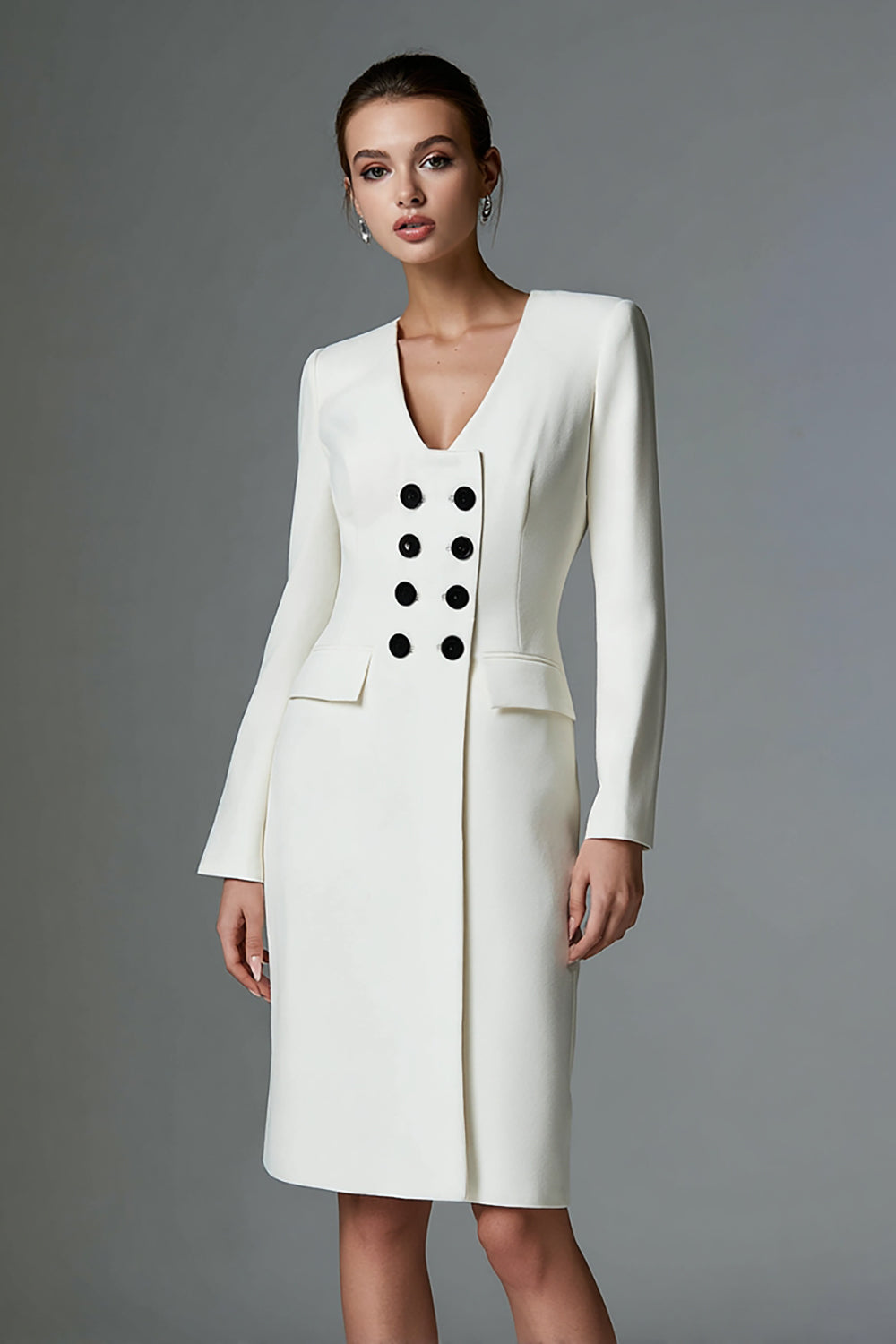 V-Neck Pencil Double Breasted Ivory Midi Work Dress