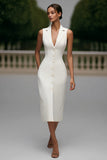 Tight Notched Lapel Single Breasted Ivory Midi Work Dress