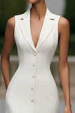 Tight Notched Lapel Single Breasted Ivory Midi Work Dress
