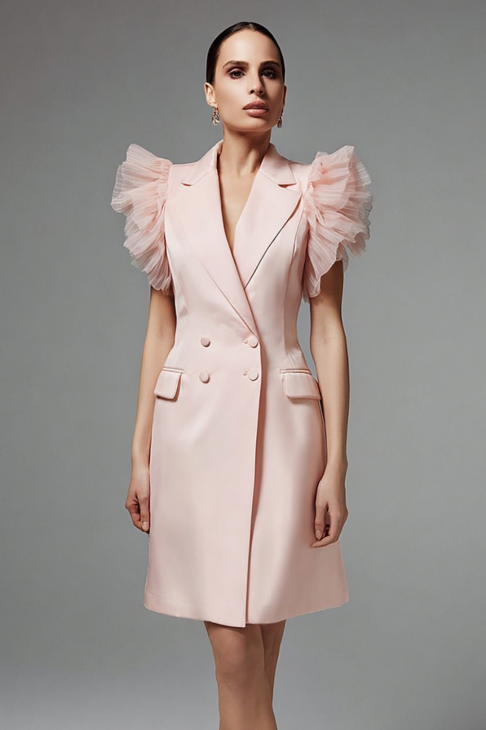 Pink Notched Lapel Ruffled Sleeve Work Dress
