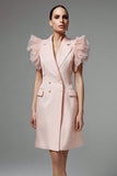 Pink Notched Lapel Ruffled Sleeve Work Dress
