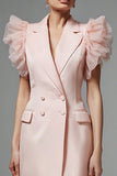 Pink Notched Lapel Ruffled Sleeve Work Dress