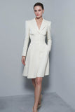 Ivory Peak Lapel Long Sleeve A Line Work Dress