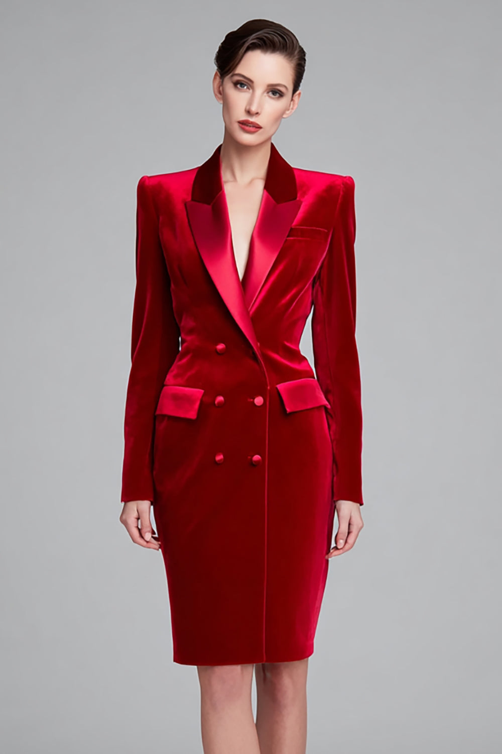 Velvet Red Peak Lapel Pencil Work Dress