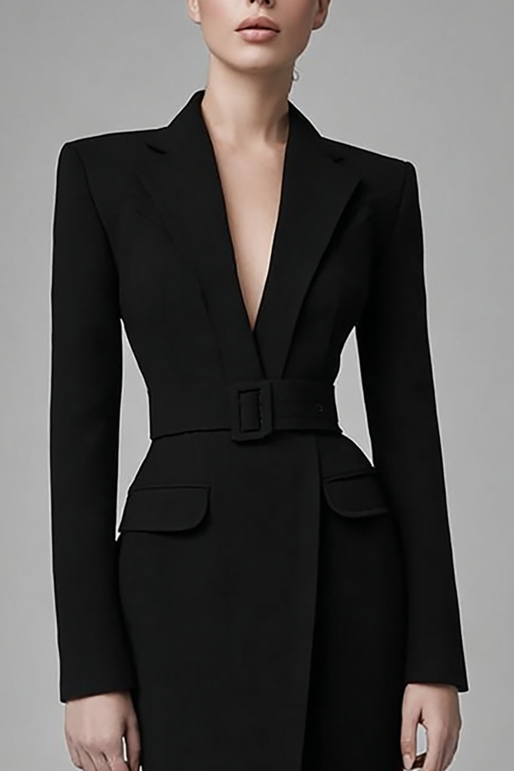 Black Pencil Long Sleeve Work Dress with Belt