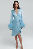 Blue V Neck Sheath Midi Work Dress with Feathers