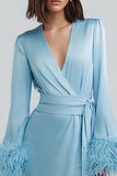 Blue V Neck Sheath Midi Work Dress with Feathers