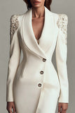Ivory Pencil Beaded Shawl Lapel Work Dress