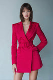 Fuchsia Peak Lapel Long Sleeve Work Dress with Belt