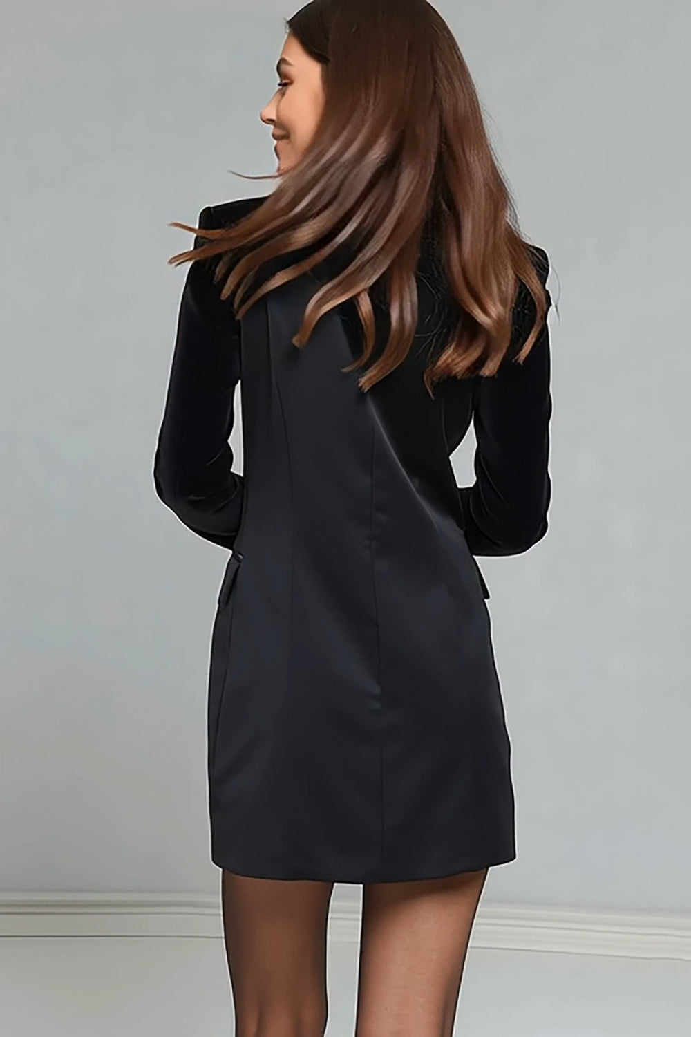 Black Peak Lapel Long Sleeve Work Dress with Belt
