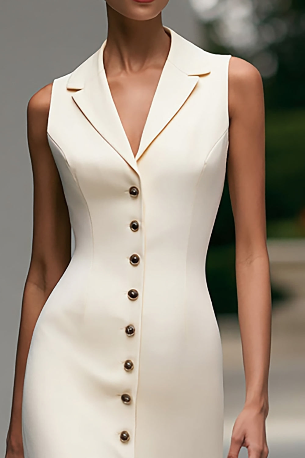 Sheath V-Neck Ivory Midi Work Dress