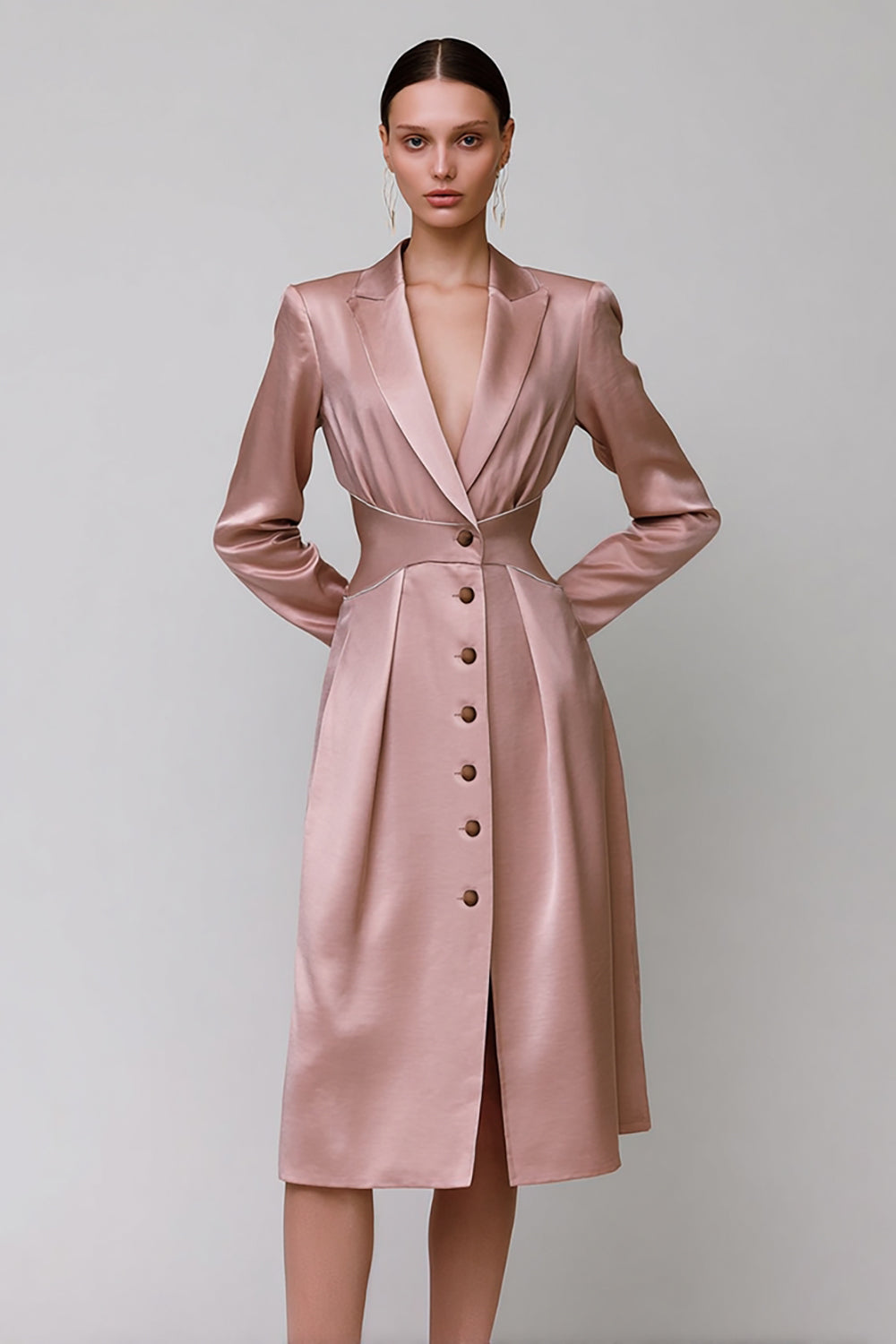 Dusty Rose A Line Single Breasted Midi Work Dress