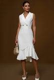 Mermaid Ivory Sleeveless Notched Lapel Work Dress