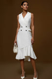 Ivory Notched Lapel Mermaid Work Dress