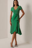 Green A-Line Ruched V-Neck Work Dress