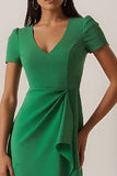 Green A-Line Ruched V-Neck Work Dress