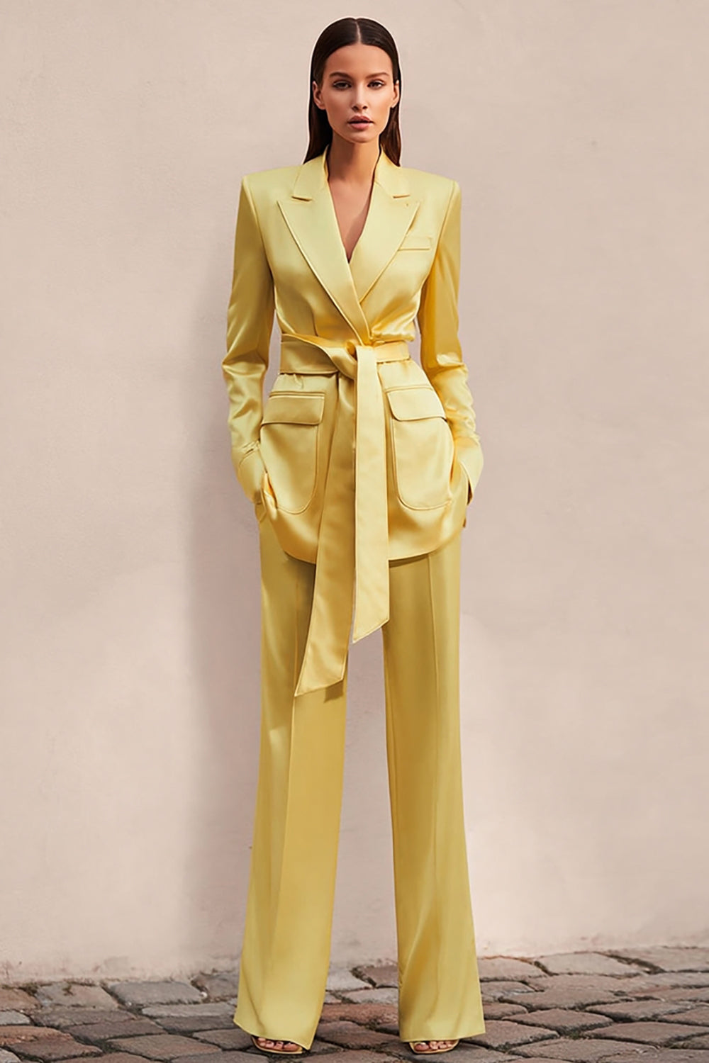 2-Piece Daffodil Peak Lapel Business Suit with Sash