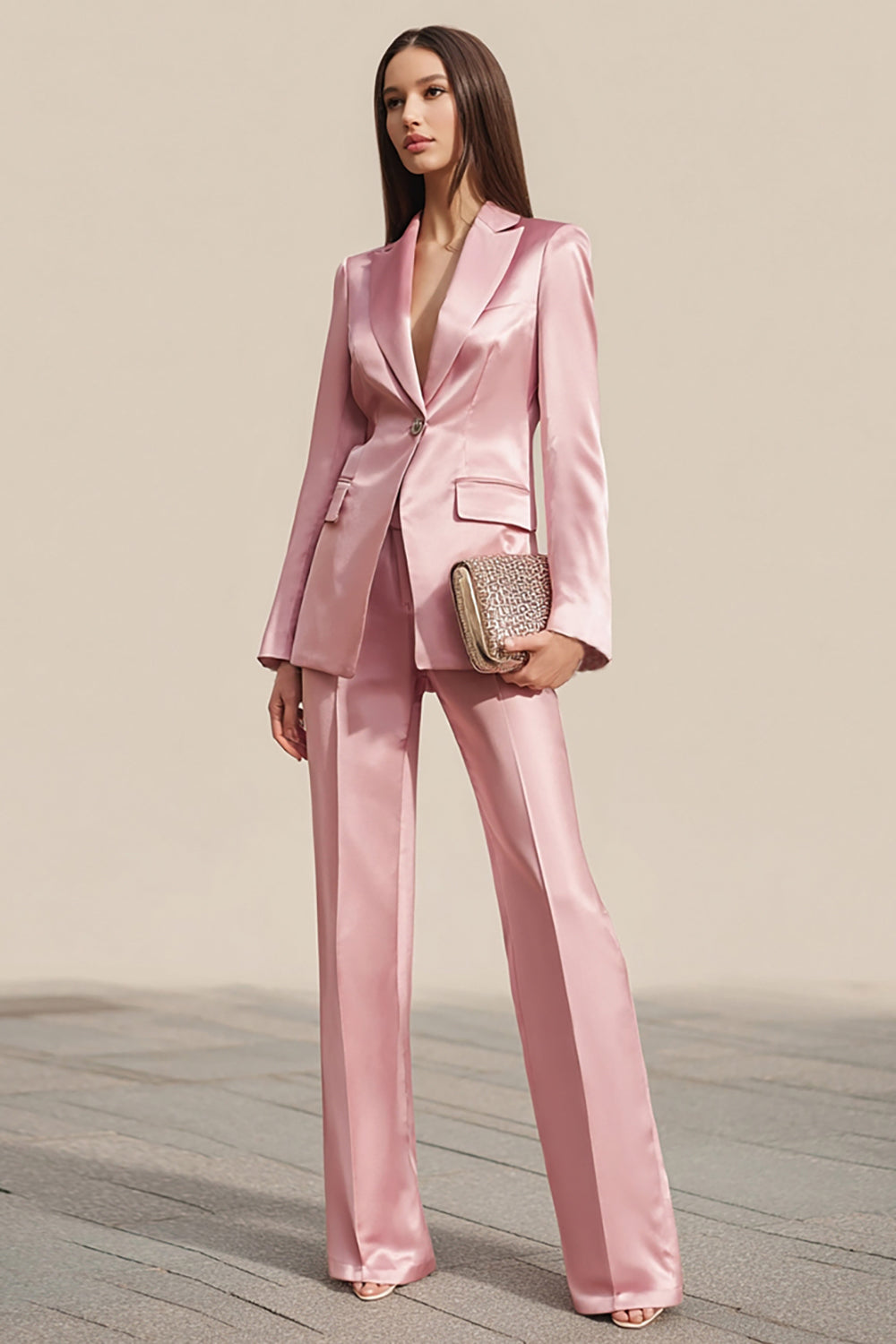2-Piece Peak Lapel One Button Dusty Rose Work Suit
