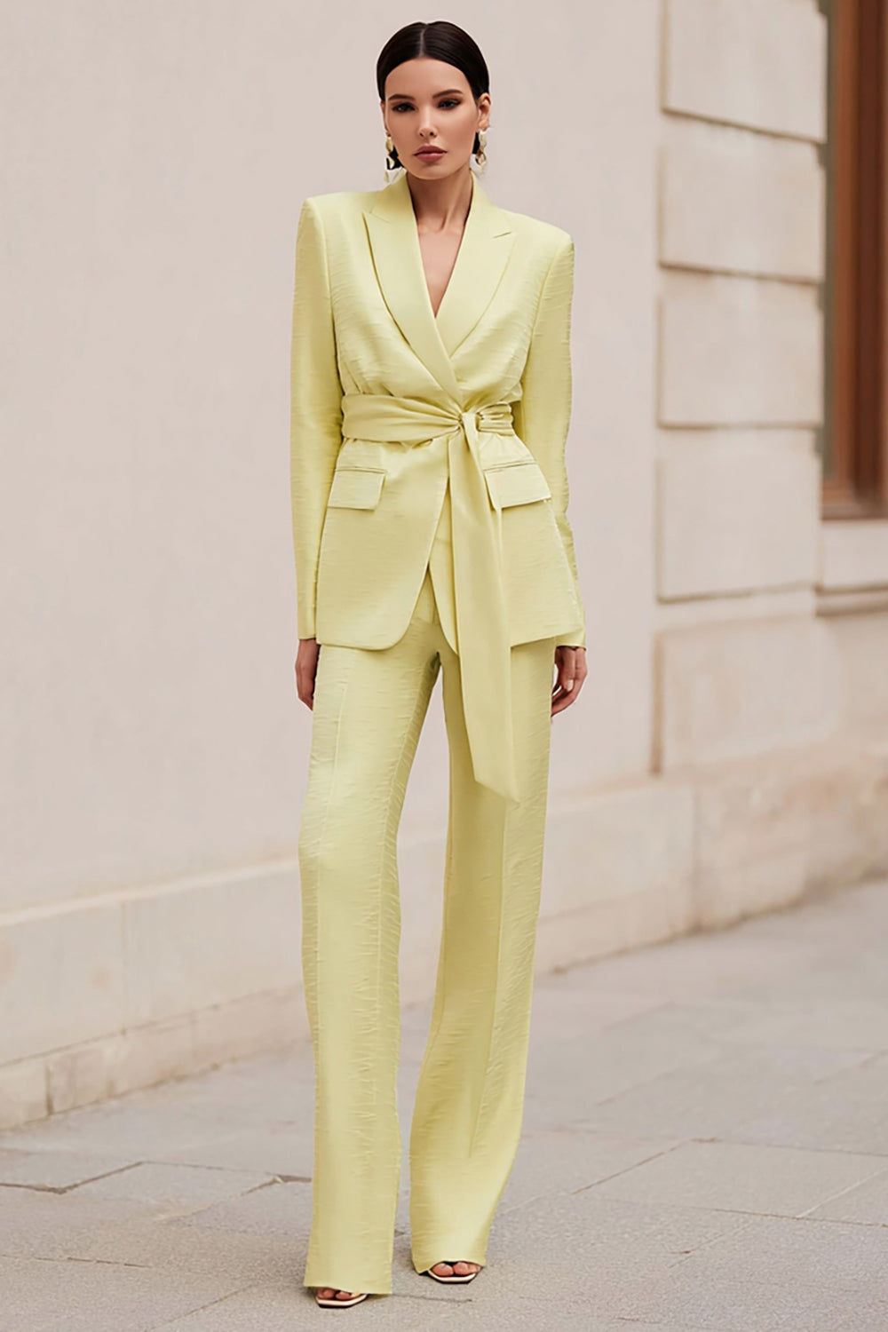 Peak Lapel 2-Piece Daffodil Business Casual Suit with Sash