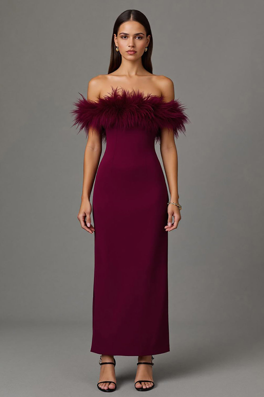 Elegant Burgundy Off The Shoulder Formal Dress with Feathers