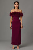 Elegant Burgundy Off The Shoulder Formal Dress with Feathers
