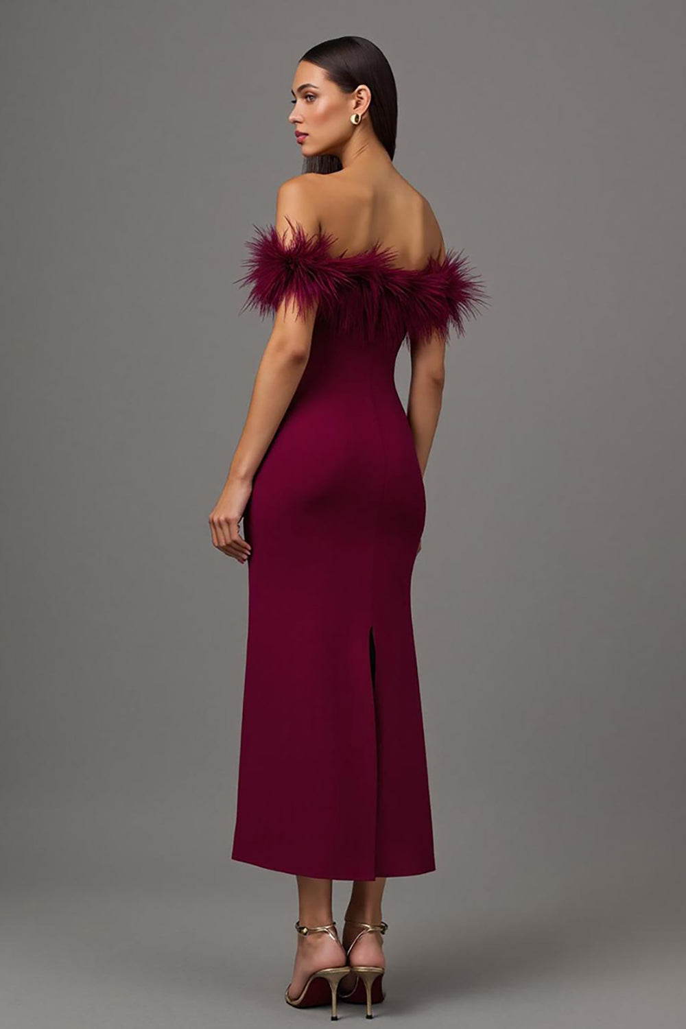 Elegant Burgundy Off The Shoulder Formal Dress with Feathers