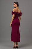 Elegant Burgundy Off The Shoulder Formal Dress with Feathers