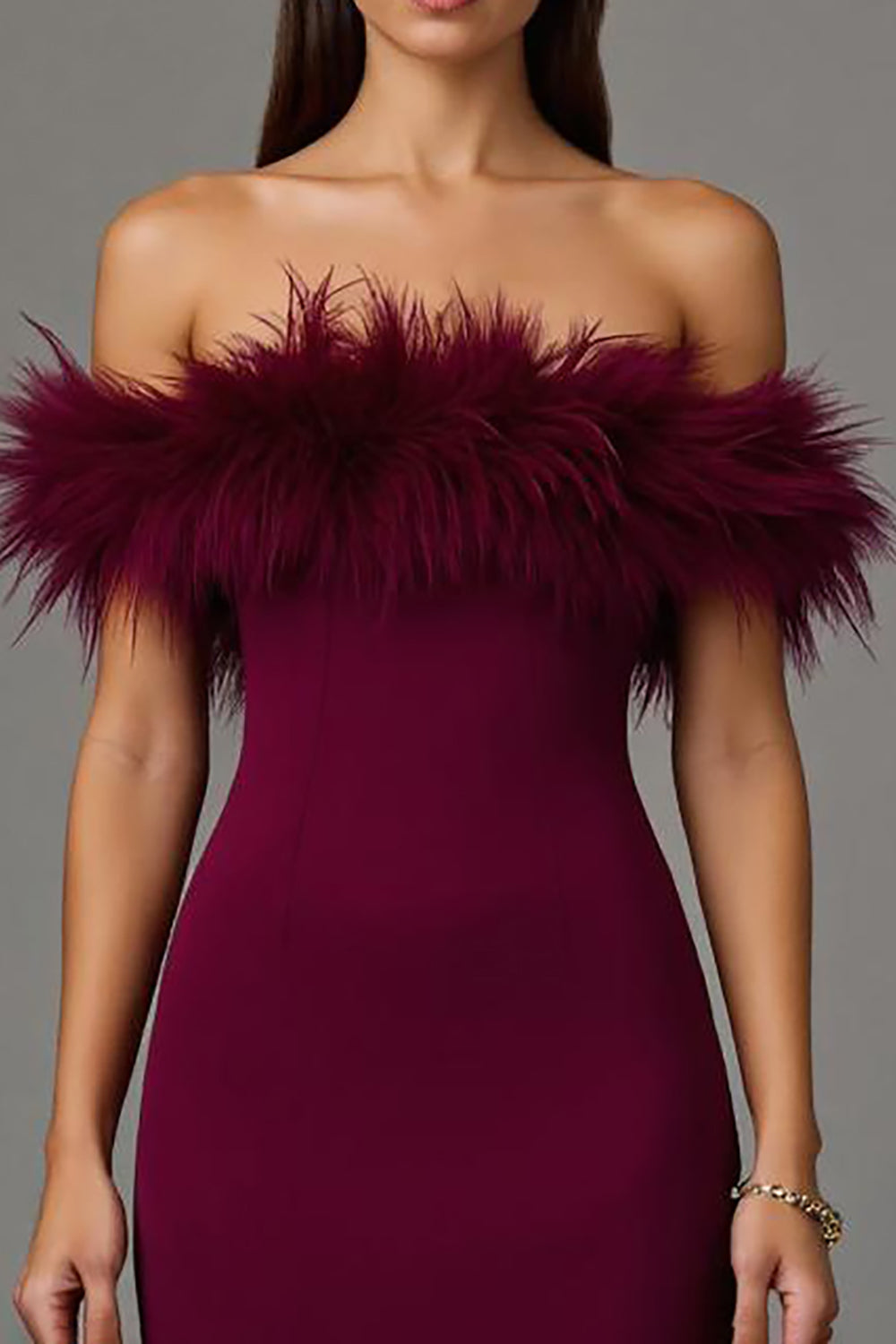 Elegant Burgundy Off The Shoulder Formal Dress with Feathers