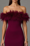 Elegant Burgundy Off The Shoulder Formal Dress with Feathers