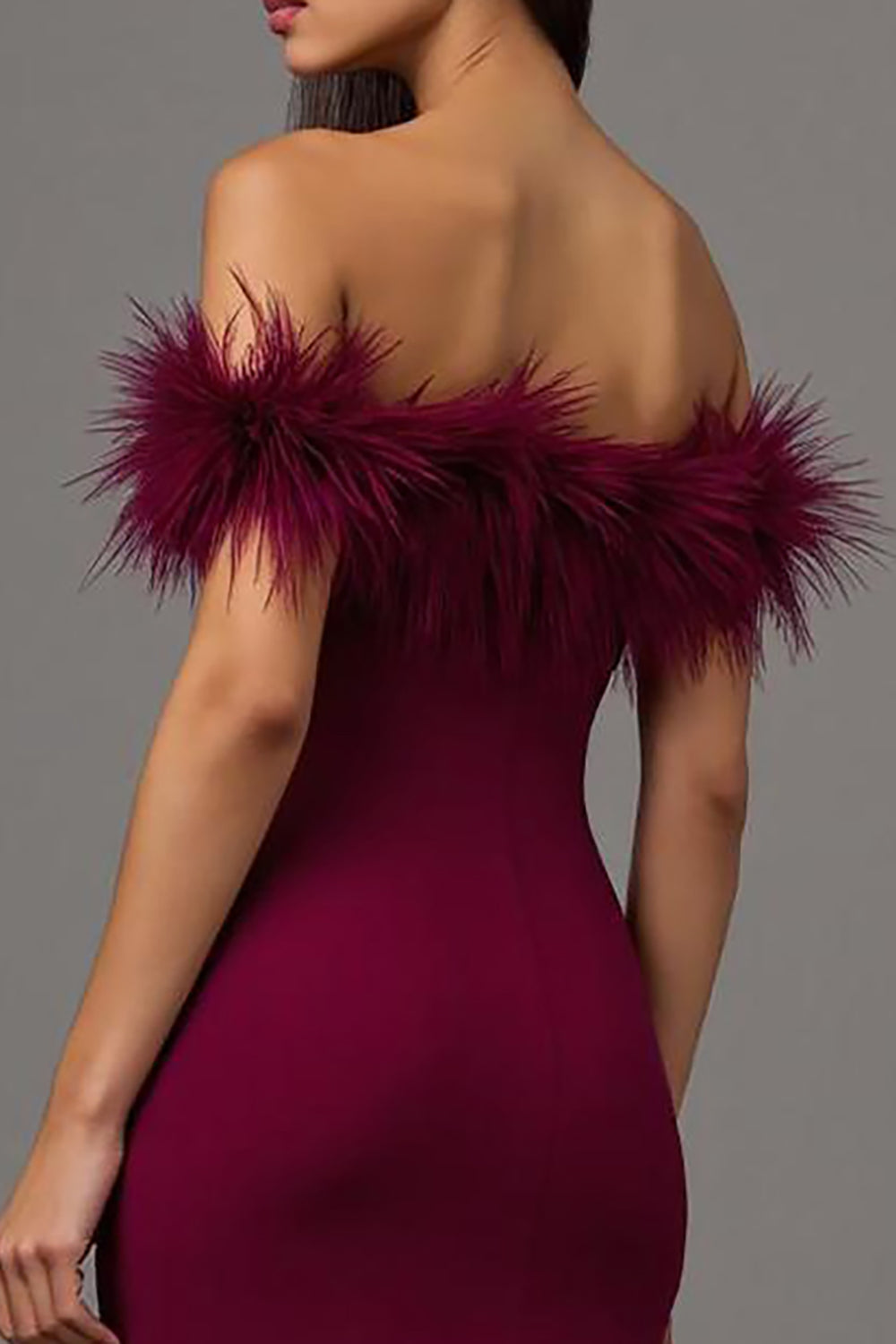 Elegant Burgundy Off The Shoulder Formal Dress with Feathers
