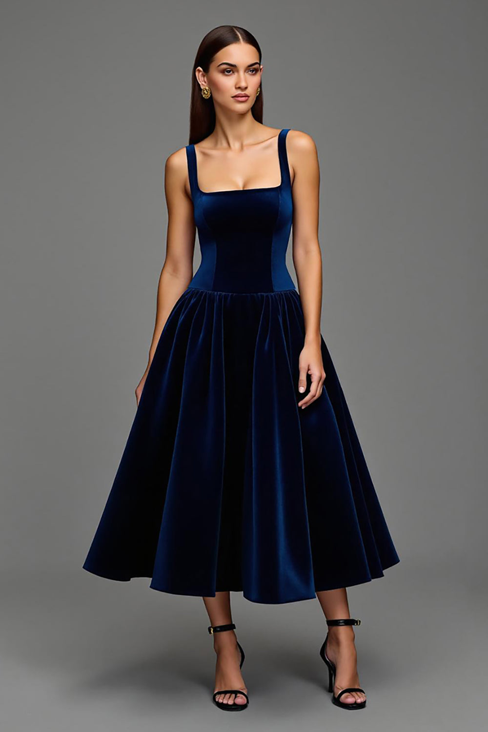 Navy Velvet A-Line Square Neck Midi Formal Dress