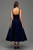 Navy Velvet A-Line Square Neck Midi Formal Dress