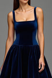 Navy Velvet A-Line Square Neck Midi Formal Dress