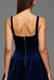 Navy Velvet A-Line Square Neck Midi Formal Dress