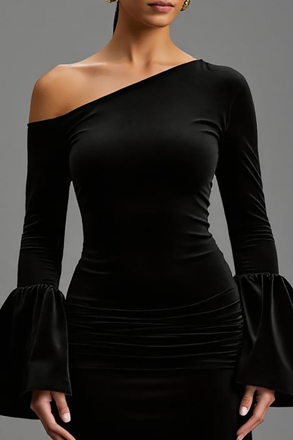 One Shoulder Black Long Sleeve Sheath Formal Dress