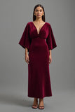 Sheath Burgundy V-Neck Velvet Formal Dress with 3/4 Sleeves